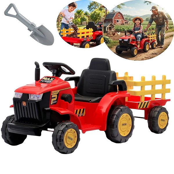 Trator Elétrico Infantil 12v Vermelho Com Carreta Pá Controle Remoto Luz Som Pedal Frente Ré Bateria Recarregável