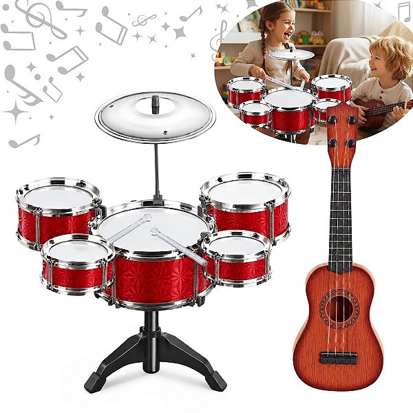 Kit Musical Infantil Vermelho Com Bateria E Violão Brinquedo Instrumentos Musicais Para Crianças A Partir De 3 Anos