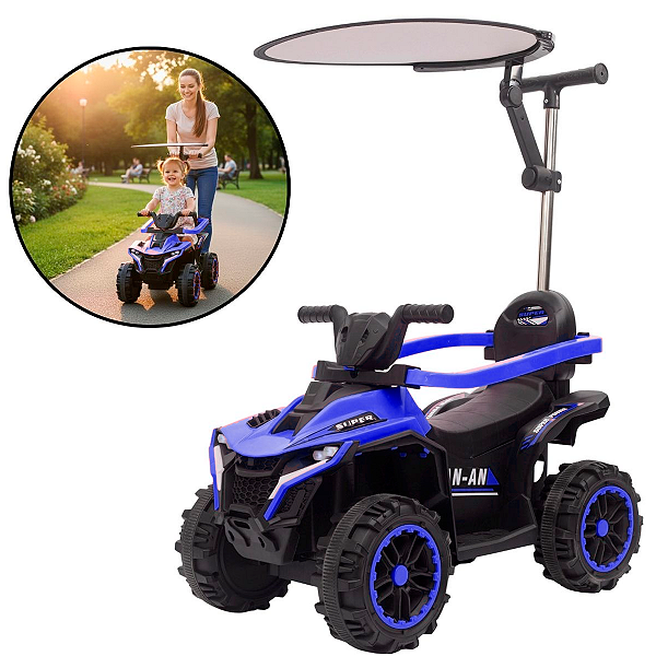 Quadriciclo Elétrico Infantil Importway 6V Azul com Empurrador Capota Música Luzes Bateria Recarregável até 35kg