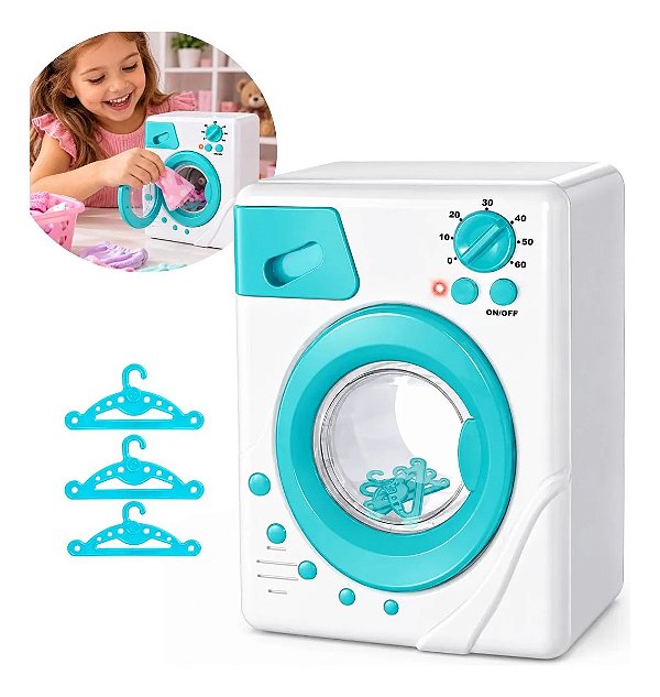 Mini Máquina De Lavar Roupa Elétrica Infantil Brinquedo Com Luz Vibração Porta Abre Compartimento E Cabides