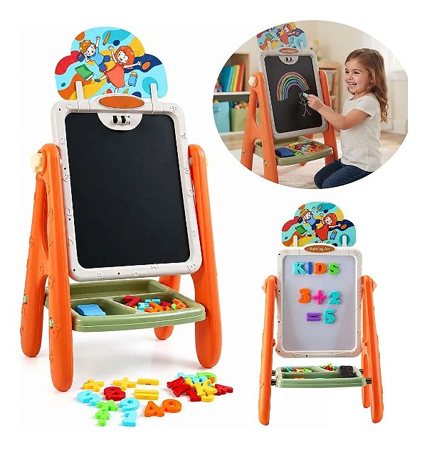 Lousa Mágica Infantil Dupla Face 2 Em 1 Quadro Negro Branco Com Cavalete Cadeirinha Laranja E Acessórios