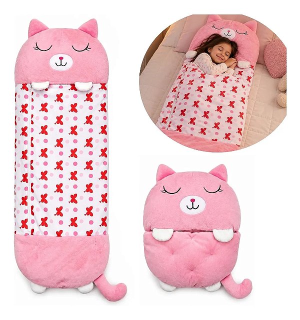 Saco De Dormir Infantil Rosa 2 Em 1 Vira Bolsa E Almofada 135x50cm Compacto Macio Fácil De Transportar