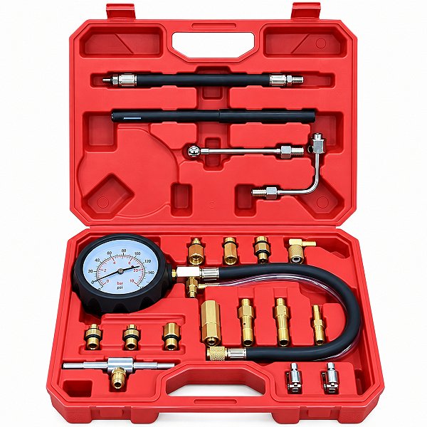 Medidor De Pressão De Combustível Tu-114 Femax 140 Psi 10 Bar Com Manômetro Adaptadores E Maleta