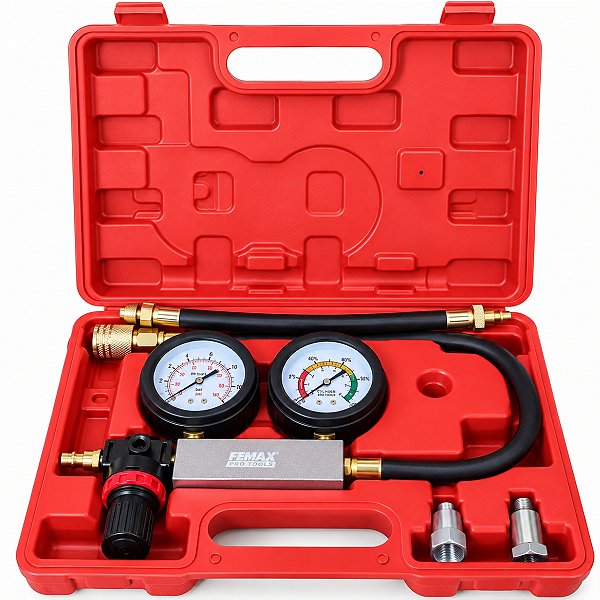 Detector De Vazamento De Cilindros Motor Femax 100 Psi Kit Leak Down Test Com 2 Manômetros E Maleta