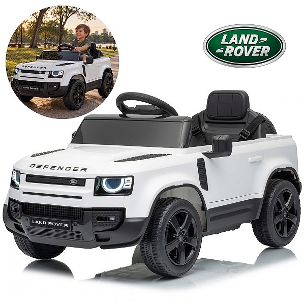 Mini Carro Elétrico Infantil Land Rover Defender 12v Branco Com Controle Remoto Bateria Recarregável C/ Som E Luzes
