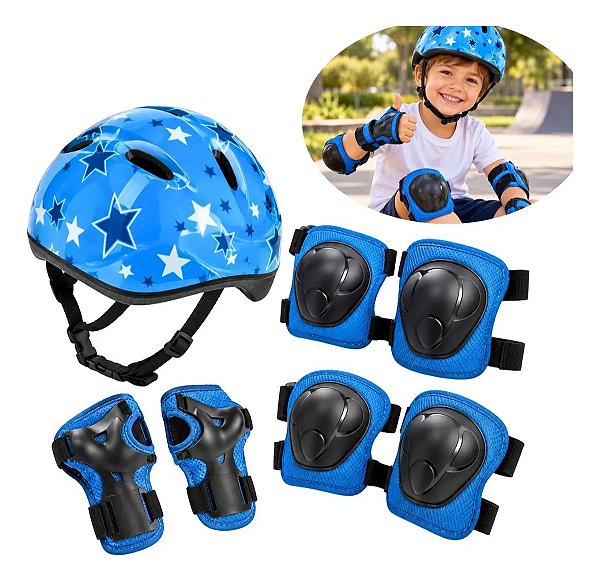 Kit Proteção Infantil Ajustável Azul Com Capacete Joelheira Cotoveleira Munhequeira Para Bicicleta Patins