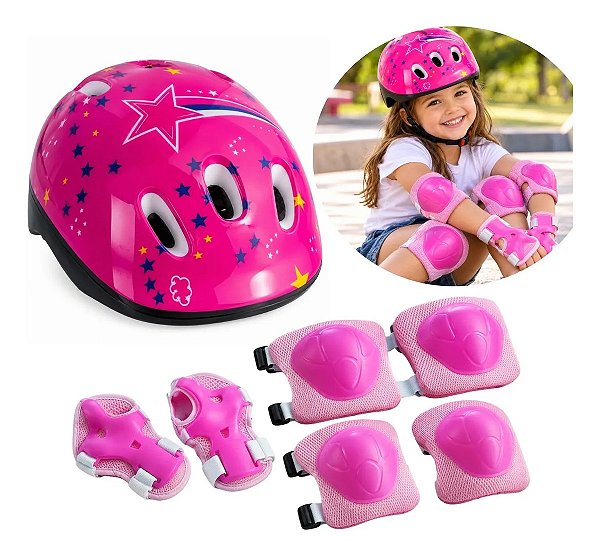 Kit Proteção Infantil Ajustável Rosa Com Joelheiras Cotoveleiras Munhequeiras Para Bicicleta Patins Skates E Patinete