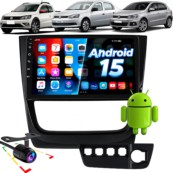 Kit Multimídia Android 15 Nimus Tela 9Pol Carplay  S Fio Gol Voyage Saveiro G6 13 até 15  + Moldura Completa + Camera Ré