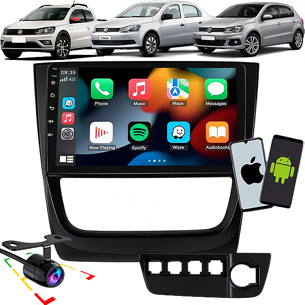Central Multimídia 9 Pol Carplay Android Espelhamento S Fio Gol Voyage Saveiro G6 2013 2014 2015 + Moldura e Câmera Ré