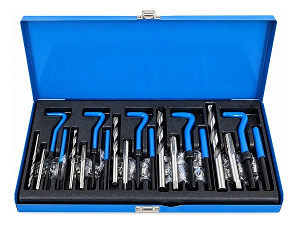Kit Reparo De Rosca Espanada 131 Peças M5 M6 M8 M10 M12 Com Insertos Helicoidais Machos E Brocas