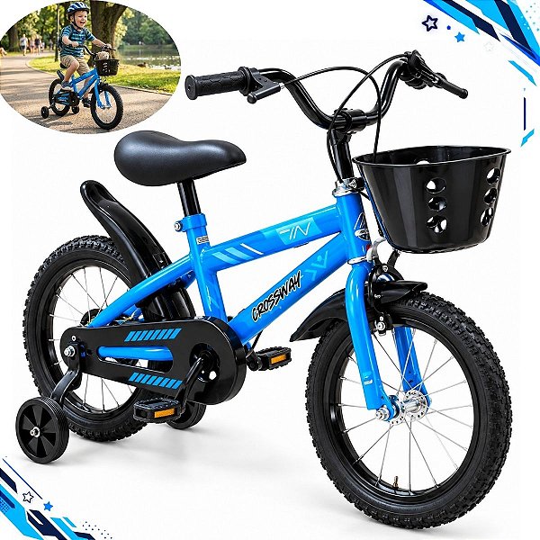Bicicleta Infantil Aro 14 Azul Com Rodinhas De Apoio Cestinha Dianteira Paralamas E Protetor De Corrente