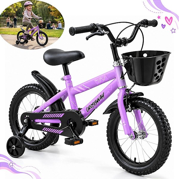 Bicicleta Infantil Aro 14 Lilás Com Rodinhas De Apoio Cestinha Dianteira Paralamas E Protetor De Corrente