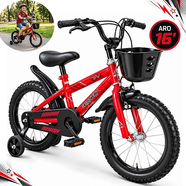 Bicicleta Infantil Aro 16 Vermelha Com Rodinhas De Apoio Cestinha Dianteira Paralamas E Protetor De Corrente