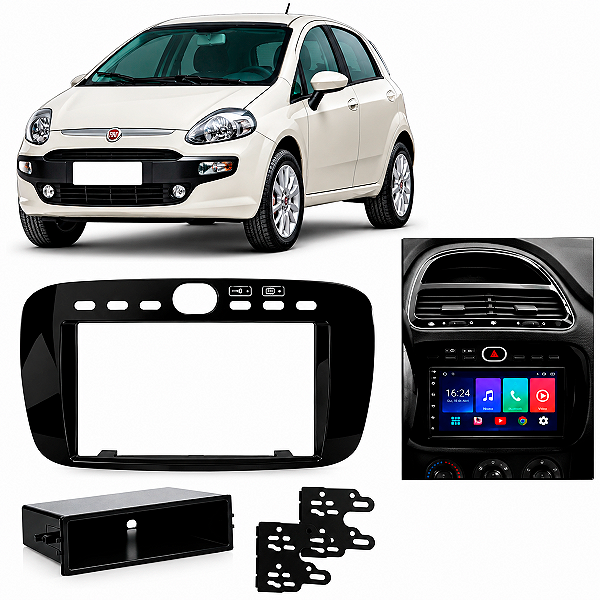 Moldura para Central Multimídia Painel 2 Din Fiat Punto 2013 a 2017 Linea 2015 a 2016 Preta Black Piano
