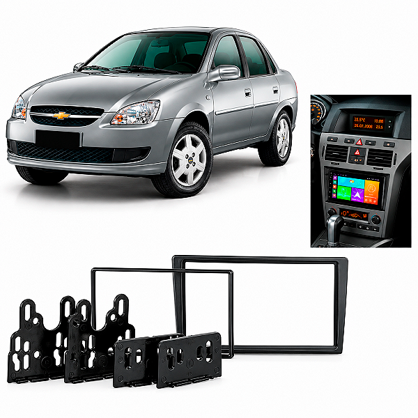 Moldura Painel Multimídia 2 Din Chevrolet Corsa 2003 a 2012 Meriva Montana Vectra 2006 a 2012 Preta Automotivo
