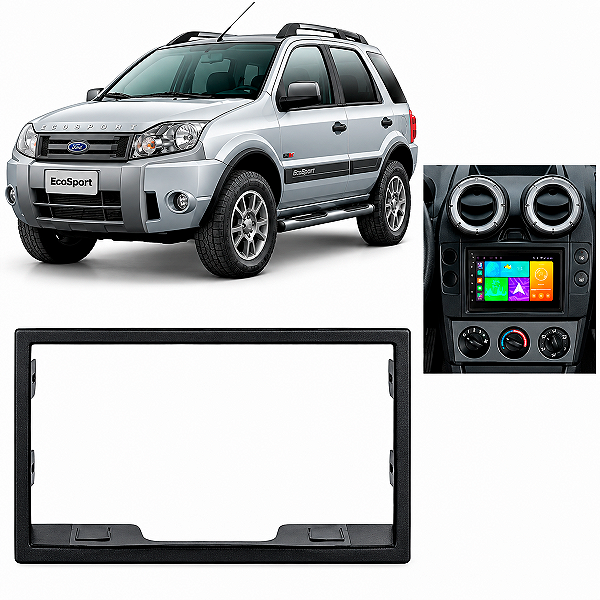 Moldura Central Multimídia Painel 2 Din Ford Ecosport Fiesta VW Bora Fox Golf Polo Crossfox Preta AP813