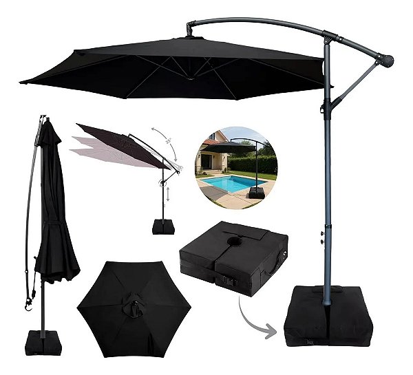 Ombrelone Lateral Preto 3 Metros Com Base Manivela E Proteção Uv Para Jardim Piscina Varanda E Área Gourmet