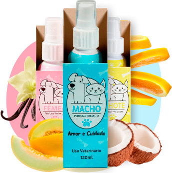 Kit 3 unidades Cheirinho PET MACHO, FEMEA e FILHOTE 120ml - Perfume Alto Padrão para Cães e Gatos