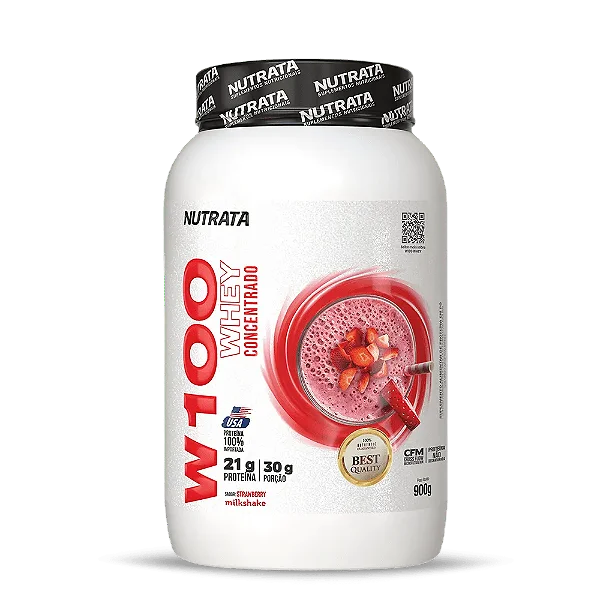 W100 Whey Concentrado Pote 900g Nutrata - Morango