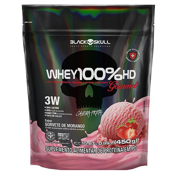 Whey 100% Hd Gourmet Refil 450g Black Skull - Sorvete Morango