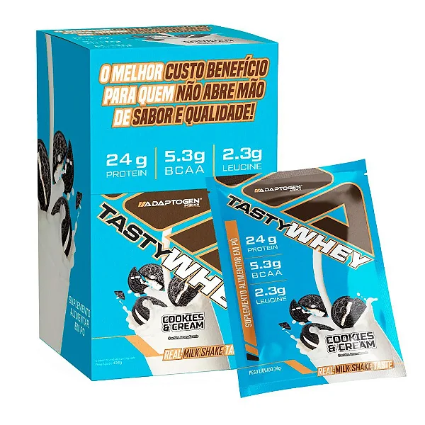 Packet Tasty Whey 34g Display com 12un Adaptogen - Cookies Cream