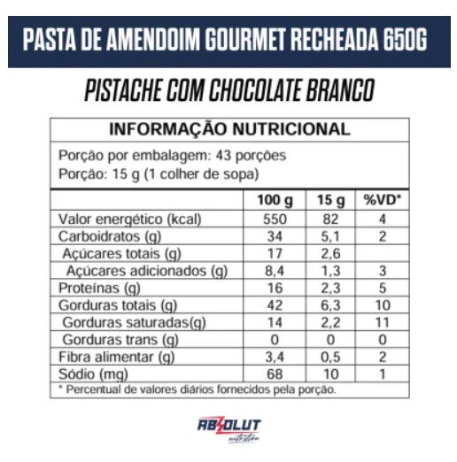 Pasta de Amendoim 650g Absolut Nutrition - Pistache com Chocolate Branco