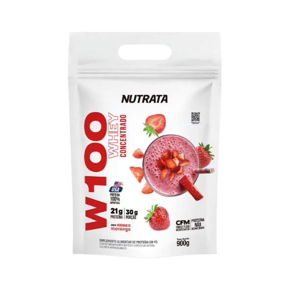 Foto de W100 Whey Concentrado Refil 900g Nutrata - Strawberry milkshake