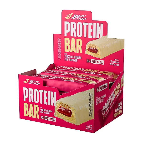 Protein Bar 55g Display Com 12un BodyAction - Chocolate Branco Com Morango