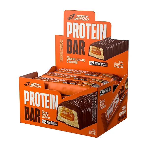 Protein Bar 55g Display Com 12un BodyAction - Caramelo Com Amendoim e Chocolate