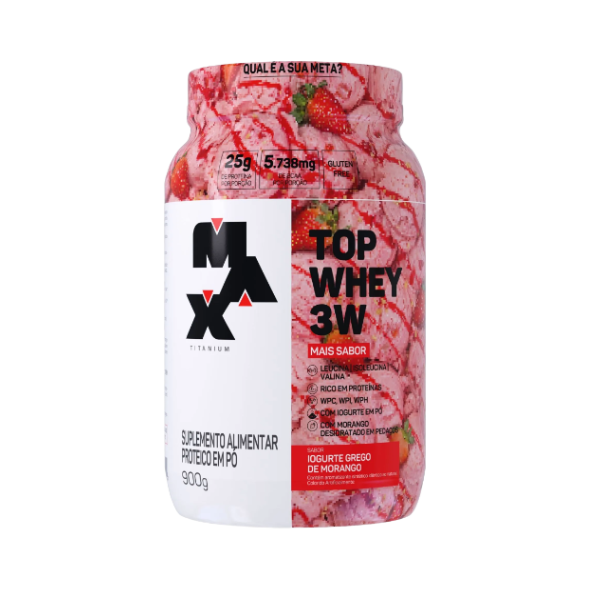 Top Whey 3W+Sabor Pote 900g Max Titanium - Grego Morango