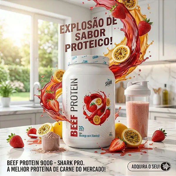 Whey Beef Protein Pote 900g Shark Pro - Morango Com Maracuja