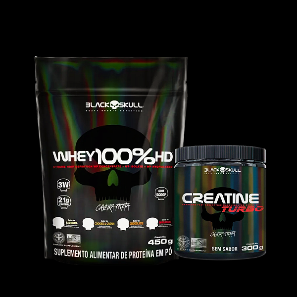 Combo - 6 Creatinas Turbo pote 300g + 6 Whey 100% HD 450g Black Skull Baunilha