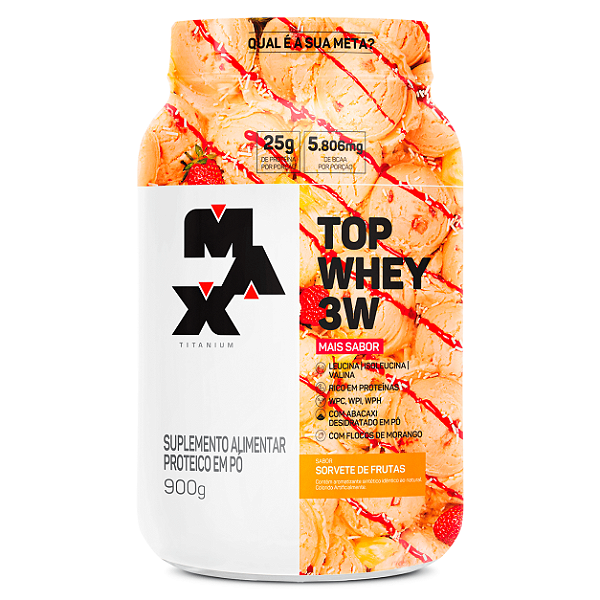 Top Whey 3W+Sabor Pote 900g Max Titanium - Sorvete De Frutas