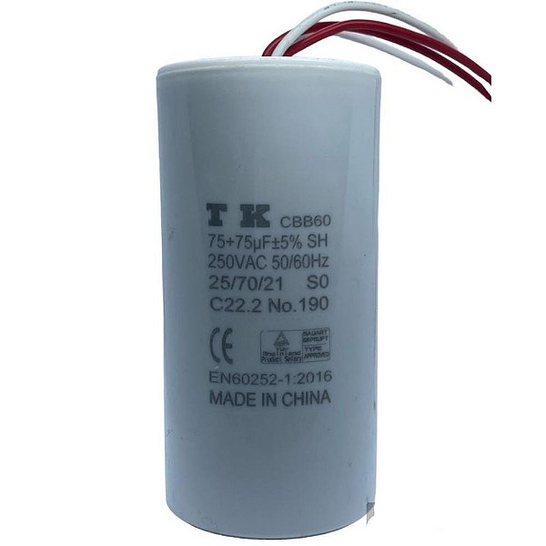 CAPACITOR PERMANENTE 75+75UF 250VAC 5% 50/60HZ CBB60 0,5 KVAR-60X120MM TK