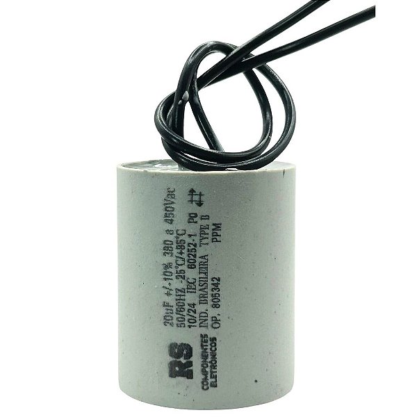 CAPACITOR PARTIDA 20UF 380V / 450V  10% FIO RS COMPONENTES