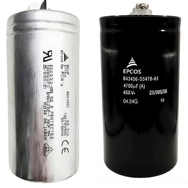 KIT 26 PÇS CAPACITOR PPM 50UF 450V 53X105MM (FAST-ON) + 18 PEÇAS CAPACITOR GIGA-ELCO 4700UF 450V B43456S5478A1 76X143 EPCOS