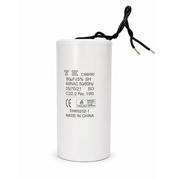 Capacitor Polipropileno 80uF x 400Vac 50/60Hz Plástico Fio CBB60 TK 60Dx120A