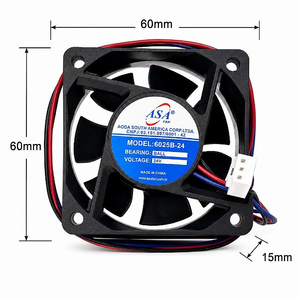 MICROVENTILADOR 60X60X25MM 24V 6025B-24 C/R AMP.: 0,24 RPM: 5000 3 FIOS C/ CONECTOR - 602524R BALL