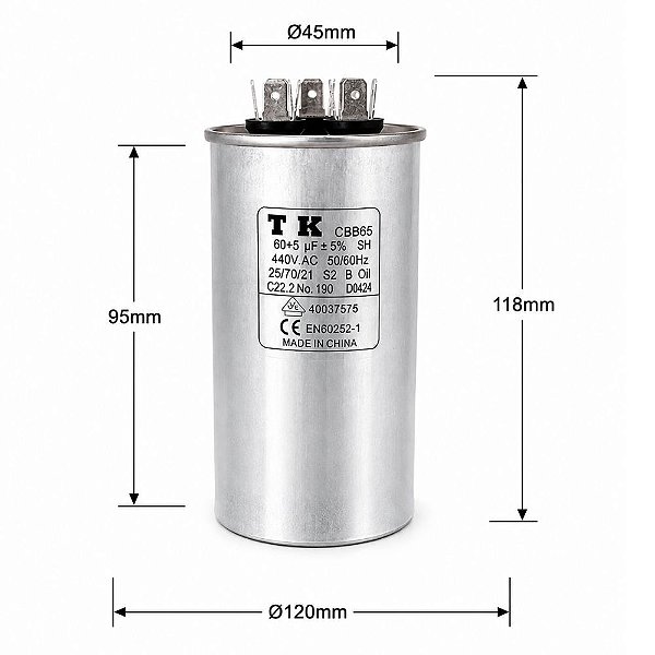 CAPACITOR DUPLO 60+5 UF X 440 V 60x105mm marca TK