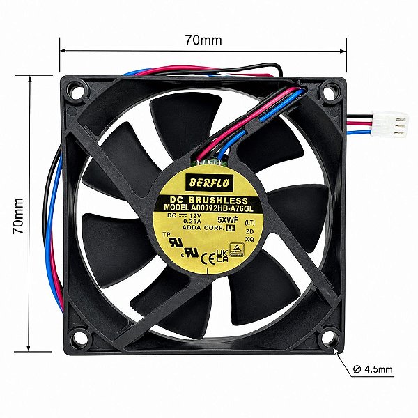 MICRO VENTILADOR 80X80X25 12V ROLAMENTO 0.25 AMP 3200RPM BERFLO AD0812HBD-76GL