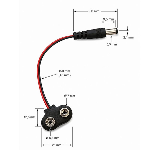 10x Cabo Clips Para Bateria 9v C/ Adaptador Entrada P4 Macho