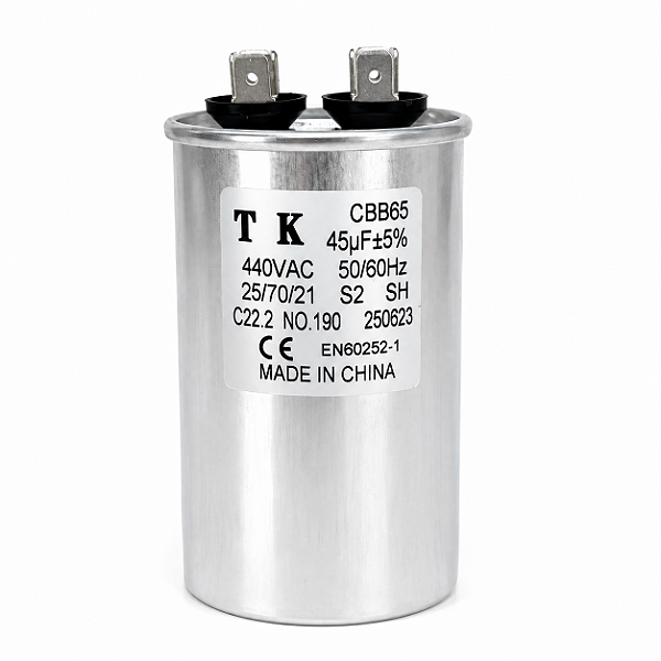 CAPACITOR PPM 45UF 440V FAST-ON CBB65 CANECA METÁLICA E BASE LISA TK