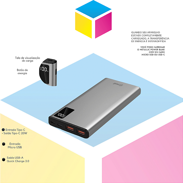 Power Bank Speed 20W | 10000 mAh | USB‑C PD | Preto | Produto novo com Garantia