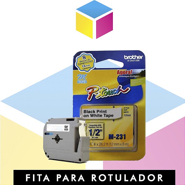 Fita para rotulador Brother M231 Branca com escrita Preta | PT 65 PT 85 PT 100 PT 110 | 8m x 12mm