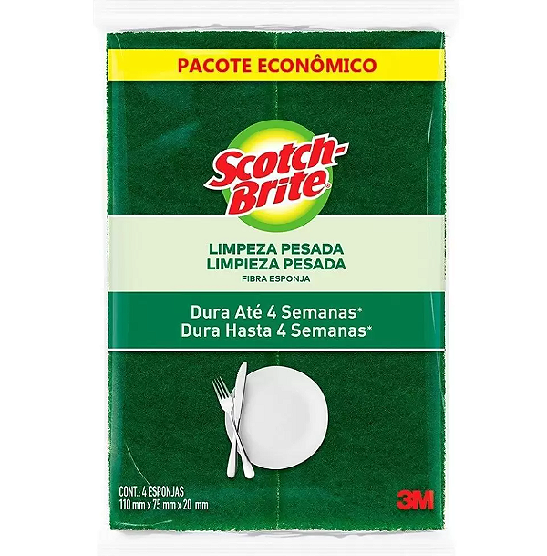 Esponjas de Limpeza Scotch Brite - Limpeza Pesada - Pacote com 4 unidades