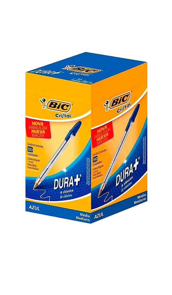 Caneta Esferográfica BIC Cristal Original Dura Mais, Azul Ponta Média de 1.0mm - CX 50 UN
