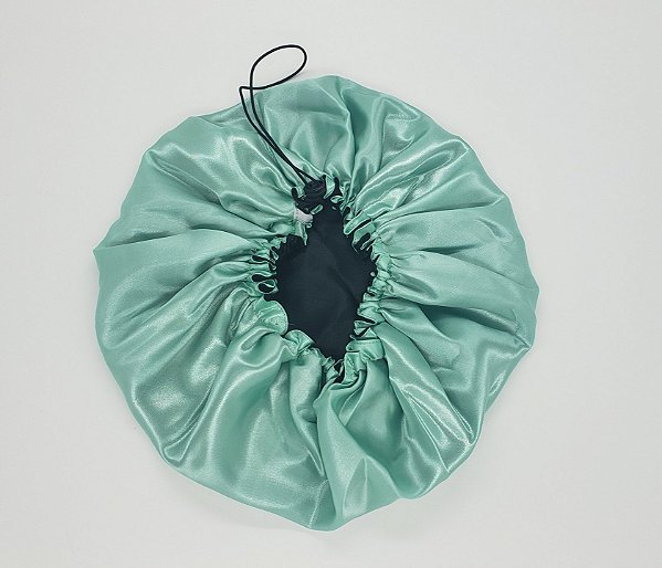 Touca Cetim Dupla Face Ajustável Preta com Verde Água