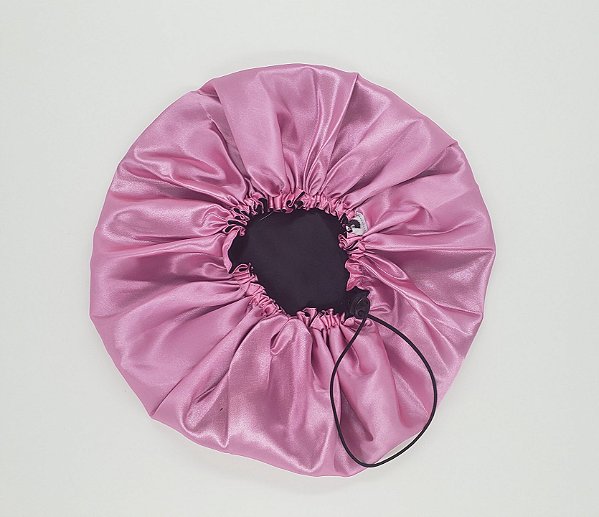 Touca Cetim Dupla Face Ajustável Preta com Rosa Chiclete