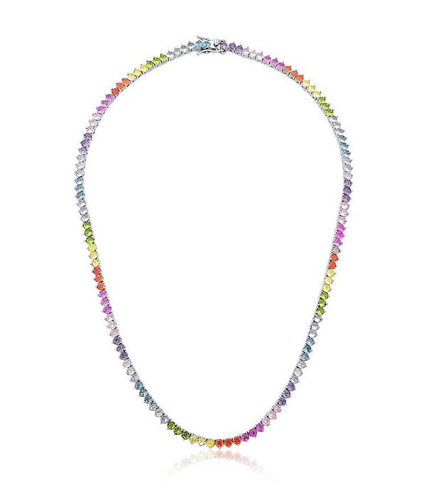 Colar Riviera 3 Pontas Colorida Banhada a Ródio Branco 40cm