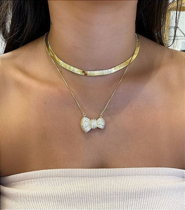 Colar Laço Cristal Zircônias Banhado em Ouro18k
